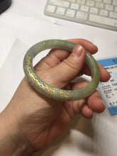 Load image into Gallery viewer, 54.9mm 100% Natural type A dark green yellow carved flowers and golden-painted Jadeite Jade bangle PD97-0277