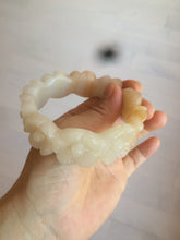 Load image into Gallery viewer, 56.7mm 100% natural light yellow/white Quartzite (Shetaicui jade) carved galsang flower(格桑花) bangle XY68