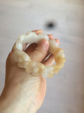 Load image into Gallery viewer, 56.7mm 100% natural light yellow/white Quartzite (Shetaicui jade) carved galsang flower(格桑花) bangle XY68