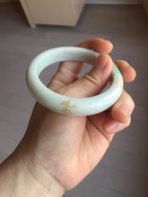 Load image into Gallery viewer, 55.2mm 100% Natural type A sunny green white beige (白底青) carved branches and flowers and golden-painted Jadeite Jade bangle PH184