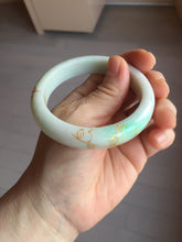 Load image into Gallery viewer, 55.2mm 100% Natural type A sunny green white beige (白底青) carved branches and flowers and golden-painted Jadeite Jade bangle PH184