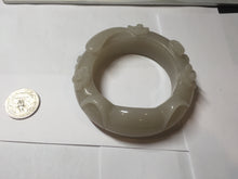 Load image into Gallery viewer, 59.5mm 100% natural white Pale sage gray Quartzite (Shetaicui jade) 3D carved cat ears/flowers/ingot bangle XY125