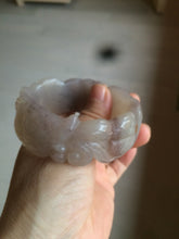 Load image into Gallery viewer, 54.6mm 100% natural light Pink/black/purple fish and lotus pods(年年有余) Quartzite (Shetaicui jade) 3D carved Bow knot bangle SY10