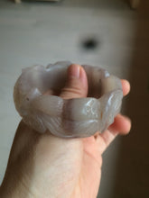 Load image into Gallery viewer, 54.6mm 100% natural light Pink/black/purple fish and lotus pods(年年有余) Quartzite (Shetaicui jade) 3D carved Bow knot bangle SY10