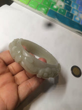 Load image into Gallery viewer, 53mm 100% natural light green/gray/pale pink Quartzite (Shetaicui jade) carved flowers bangle XY90