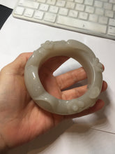 Load image into Gallery viewer, 59.5mm 100% natural white Pale sage gray Quartzite (Shetaicui jade) 3D carved cat ears/flowers/ingot bangle XY125