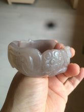 Load image into Gallery viewer, 54.6mm 100% natural light Pink/black/purple fish and lotus pods(年年有余) Quartzite (Shetaicui jade) 3D carved Bow knot bangle SY10