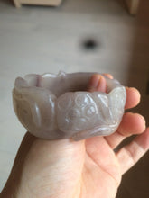 Load image into Gallery viewer, 54.6mm 100% natural light Pink/black/purple fish and lotus pods(年年有余) Quartzite (Shetaicui jade) 3D carved Bow knot bangle SY10