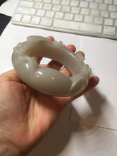 Load image into Gallery viewer, 59.5mm 100% natural white Pale sage gray Quartzite (Shetaicui jade) 3D carved cat ears/flowers/ingot bangle XY125