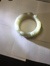 Load image into Gallery viewer, 59.5mm 100% natural white Pale sage gray Quartzite (Shetaicui jade) 3D carved cat ears/flowers/ingot bangle XY125