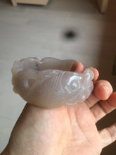 Load image into Gallery viewer, 54.6mm 100% natural light Pink/black/purple fish and lotus pods(年年有余) Quartzite (Shetaicui jade) 3D carved Bow knot bangle SY10