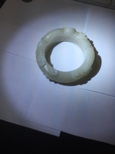 Load image into Gallery viewer, 59.5mm 100% natural white Pale sage gray Quartzite (Shetaicui jade) 3D carved cat ears/flowers/ingot bangle XY125