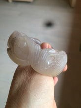 Load image into Gallery viewer, 54.6mm 100% natural light Pink/black/purple fish and lotus pods(年年有余) Quartzite (Shetaicui jade) 3D carved Bow knot bangle SY10