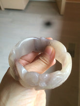 Load image into Gallery viewer, 54.6mm 100% natural light Pink/black/purple fish and lotus pods(年年有余) Quartzite (Shetaicui jade) 3D carved Bow knot bangle SY10