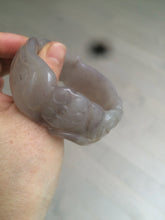 Load image into Gallery viewer, 54.6mm 100% natural light Pink/black/purple fish and lotus pods(年年有余) Quartzite (Shetaicui jade) 3D carved Bow knot bangle SY10