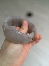 Load image into Gallery viewer, 54.6mm 100% natural light Pink/black/purple fish and lotus pods(年年有余) Quartzite (Shetaicui jade) 3D carved Bow knot bangle SY10