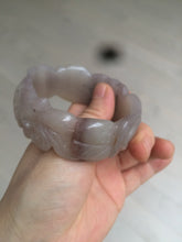 Load image into Gallery viewer, 54.6mm 100% natural light Pink/black/purple fish and lotus pods(年年有余) Quartzite (Shetaicui jade) 3D carved Bow knot bangle SY10