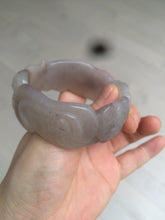 Load image into Gallery viewer, 54.6mm 100% natural light Pink/black/purple fish and lotus pods(年年有余) Quartzite (Shetaicui jade) 3D carved Bow knot bangle SY10