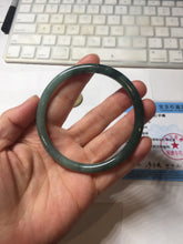 Load image into Gallery viewer, 61.5mm Certified Type A 100% Natural light green/blue/gray with black floating flowers Guatemala slim round cut Jadeite bangle BP217-3791