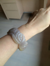 Load image into Gallery viewer, 54.6mm 100% natural light Pink/black/purple fish and lotus pods(年年有余) Quartzite (Shetaicui jade) 3D carved Bow knot bangle SY10