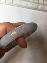Load image into Gallery viewer, 53.5mm certified 100% Natural type A icy watery light green purple brown carved branches and flowers and golden-painted Jadeite Jade bangle PH198