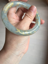Load image into Gallery viewer, 56.5mm 100% Natural type A light green white carved and golden-painted chubby round cut Jadeite Jade bangle PA170-2942