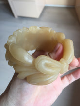 Load image into Gallery viewer, 55.3mm 100% natural yellow brown carved Peony and bow Quartzite (Shetaicui jade) bangle XY98