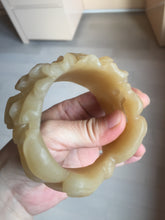 Load image into Gallery viewer, 55.3mm 100% natural yellow brown carved Peony and bow Quartzite (Shetaicui jade) bangle XY98