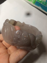 Load image into Gallery viewer, 54.6mm 100% natural light Pink/black/purple fish and lotus pods(年年有余) Quartzite (Shetaicui jade) 3D carved Bow knot bangle SY10