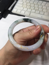Load image into Gallery viewer, 56mm 100% Natural type A sunny green dark green purple white carved flowers and golden-painted round cut Jadeite Jade bangle PJ63