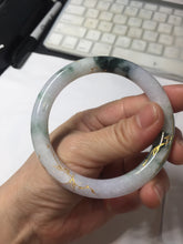 Load image into Gallery viewer, 56mm 100% Natural type A sunny green dark green purple white carved flowers and golden-painted round cut Jadeite Jade bangle PJ63