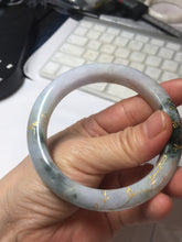 Load image into Gallery viewer, 58mm 100% Natural type A green purple white carved flowers and golden-painted round cut Jadeite Jade bangle PJ64