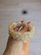 Load image into Gallery viewer, 56.7mm 100% natural light yellow/white Quartzite (Shetaicui jade) carved galsang flower(格桑花) bangle XY68