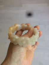 Load image into Gallery viewer, 56.7mm 100% natural light yellow/white Quartzite (Shetaicui jade) carved galsang flower(格桑花) bangle XY68