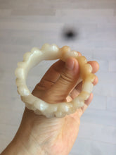 Load image into Gallery viewer, 56.7mm 100% natural light yellow/white Quartzite (Shetaicui jade) carved galsang flower(格桑花) bangle XY68