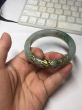 Load image into Gallery viewer, 54.2mm certified 100% natural Type A sunny green gray carved and golden-painted round cut jadeite jade bangle PJ66