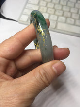 Load image into Gallery viewer, 54.2mm certified 100% natural Type A sunny green gray carved and golden-painted round cut jadeite jade bangle PJ66