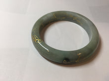 Load image into Gallery viewer, 55mm 100% Natural type A sunny green gray black carved flowers and golden-painted Jadeite Jade bangle PB284