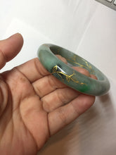 Load image into Gallery viewer, 55mm 100% Natural type A sunny green gray black carved flowers and golden-painted Jadeite Jade bangle PB284