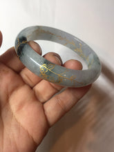 Load image into Gallery viewer, 54mm 100% Natural type A icy watery green white carved flowers and golden-painted Jadeite Jade bangle PB285