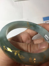 Load image into Gallery viewer, 57.3mm 100% Natural type A greenwatermelon rind (瓜油青) carved flowers and golden-painted Jadeite Jade bangle PB287-2124