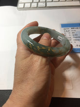Load image into Gallery viewer, 57.3mm 100% Natural type A greenwatermelon rind (瓜油青) carved flowers and golden-painted Jadeite Jade bangle PB287-2124
