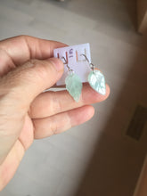 Load image into Gallery viewer, 100% natural type A icy watery light green with green floating flowers jadeite jade leaf earring PC25-6