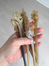 Load image into Gallery viewer, 100% Natural Buffalo Horn carved flowers/bamboo/Auspicious Clouds/love bird stick hairpin CB81 (Add-on item! not for sale individually)