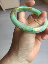 Load image into Gallery viewer, 58.5mm Certified 100% Natural type A icy watery green/light with green flying flowers carved and golden-painted Jadeite Jade bangle PA166-4652