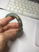 Load image into Gallery viewer, 54.2mm certified 100% natural Type A sunny green gray carved and golden-painted round cut jadeite jade bangle PJ66