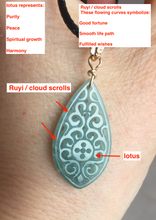 Load image into Gallery viewer, 100% natural type A light green blue carved Lotus waterdrop Guatemala jadeite pendant PA211
