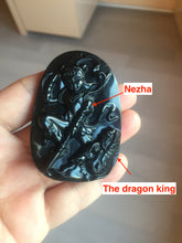 Load image into Gallery viewer, 100% Natural clear dark green/black jadeite jade(Mocui, 墨翠) Nezha(哪吒) defeated the dragon king Pendant/handhold worry stone BL139