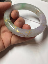 Load image into Gallery viewer, 53.3mm 100% Natural type A sunny green purple brown gray white carved flowers and golden-painted Jadeite Jade bangle BG231-5035