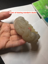 Load image into Gallery viewer, 54mm 100% natural light yellow/beige/gray 3D carved lotus and kissing love birds Quartzite (Shetaicui jade) jade bangle SY69